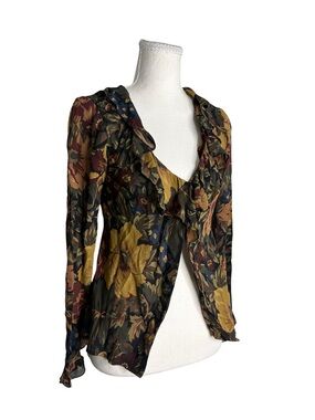 Lauren Ralph Lauren Floral Ruffle V-Neck Blouse in Mustard,Olive Green 100% Silk